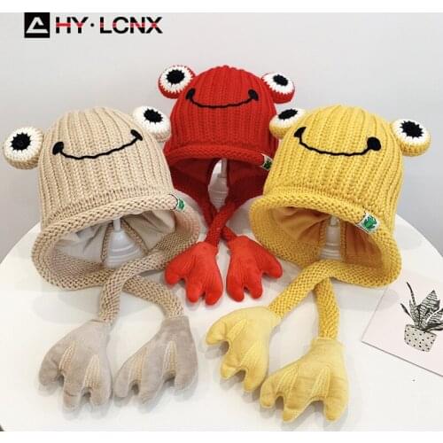 Autumn Winter New Cute Smiling Face Cotton Warm Knitted Hat Boy Girl Eye Decoration Solid Color Outdoor Sports Cotton Hat