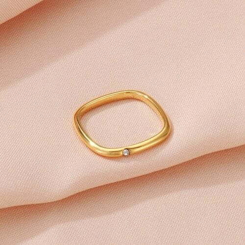 Fashion Gold Square Rhinestone Ladies Ring Stainless Steel Wedding Rings Jewelry Accessories