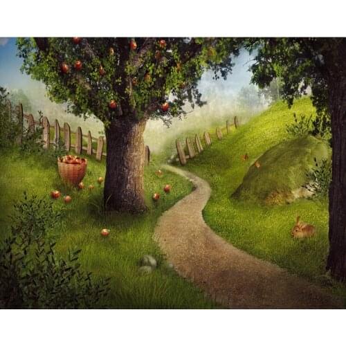 TR 7x5ft Spring Photography Backgrounds Apple Trees Green Grass Rabbit Photo Studio Backdrop Wood Fence Nature Photo Backgrounds