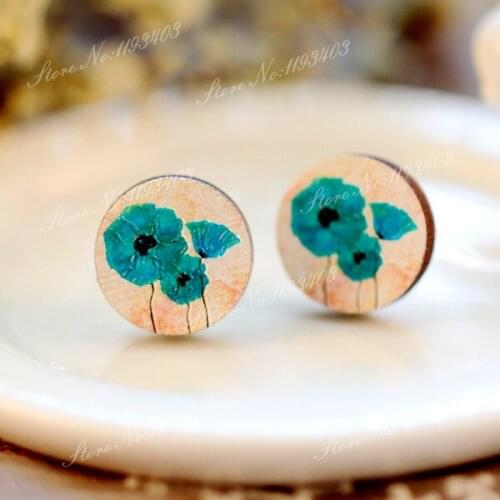 Unique 3D Flower Embossed 16mm Round Coloured Drawing pattern Laser Cut wood Cabochon DIY for Rings, Earring,Brooch,Necklace
