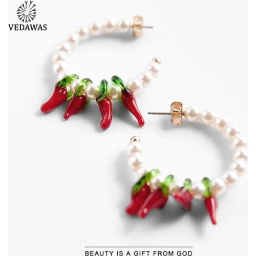 Vedawas Fashion ZA Simulated Pearls Chili Hoop Earring for Women Boho Cute Big Round Beads Stud Earrings Jewelry Party Gift Hot
