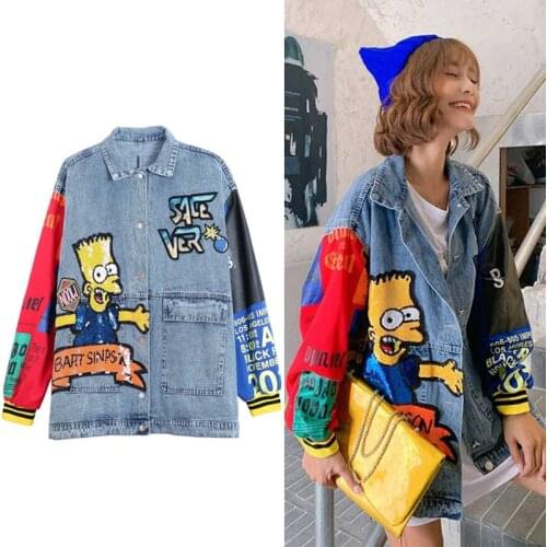 Denim Jacket Personalized Smiley Patch Jeans Jacket Women Hip Hop Streetwear Cartoon Print Loose Female Jackets Jeans Autumn