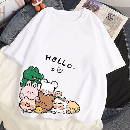 100% Cotton Summer New Harajuku White Tshirt Cute Animal Pattern Casual T Shirt Women Short Sleeve Loose Oversized T-shirts Tops