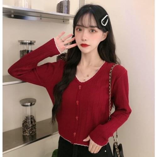 Woman Sweaters Cardigan Autumn Sweater Long Sleeve V-neck Ice Silk High Waist Short Red Top Clothes Sueters De Mujer