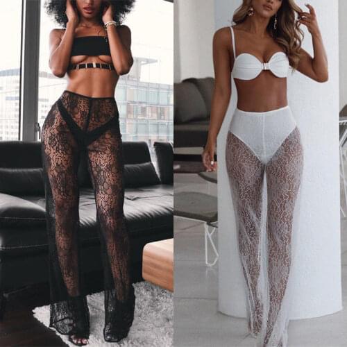 Women Loose Lace Wide Leg Pants Lace Hollow Out High Elastic Waist Female Summer Beachwear Casual Long Trousers See-through Pant