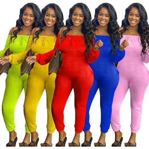 Echoine Solid Long Sleeve Off Shoulder Sexy Jumpsuit Women Skinny Bodycon Slash Overalls Autumn Party Clubwear Fitness Rompers