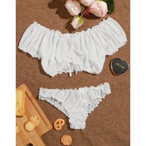 2021 Women Sexy Ruched Ruffles Mesh Sheer 2PCS Exotic Sets Femme See-through Lingeries Set Exotic Clothes for Valentines Day