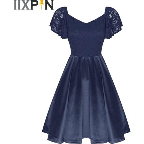 Women Dress Hollow Out Short Sleeve Sexy V Neck Ladies Elegant Dress Lace Embroidered Patchwork Satin Pcleated Dress Party Dress