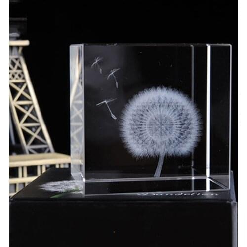 3D Laser Engraved Cube K9 Crystal Dandelion figurines White DIY Natural Stones And Minerals Souvenir Crafts For Home Decoration