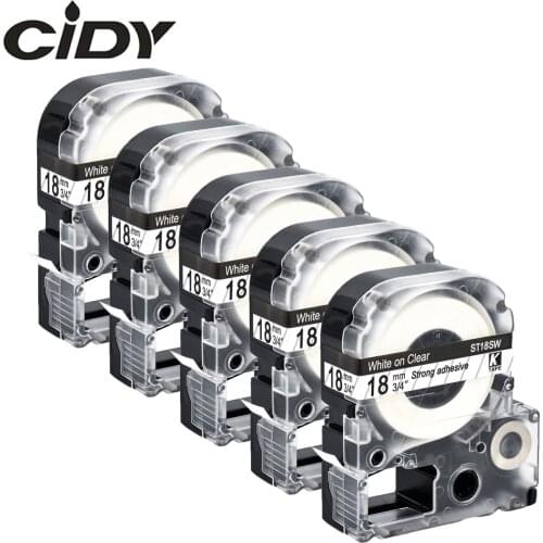 CIDY 5packs 18mm White on Clear ST18SW/LC-5TWN compatible label tape for kingjim/epson label machine SR230 SR150 LW-600P LW700