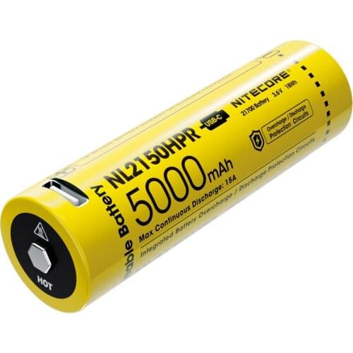 NITECORE NL2150HPR 21700 High Drain USB-C Rechargeable Li-ion Battery 5000mAh 3.6V 18Wh max 15A Continuous Discharger battery