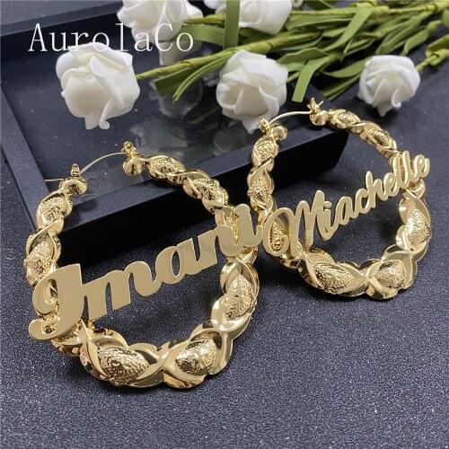 AurolaCo 60mm Hiphop XOXO Bamboo Hoop Earrings Customized Name Earrings Bamboo Style Custom Earrings for Women Gift