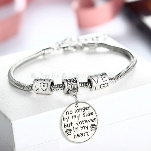 12PC No Longer By My Side But Forever In My Heart Bracelets Dog Paw Prints Round Pendant Bead Chain Bangles Pet lovers Jewelry