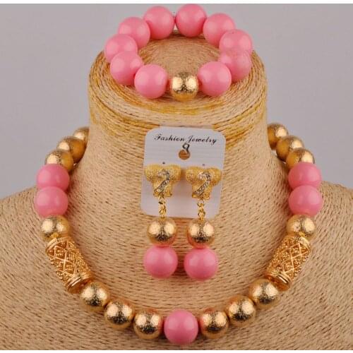 Baby Pink Simulated Pearl Beads Costume Necklace African Jewelry Set for Women