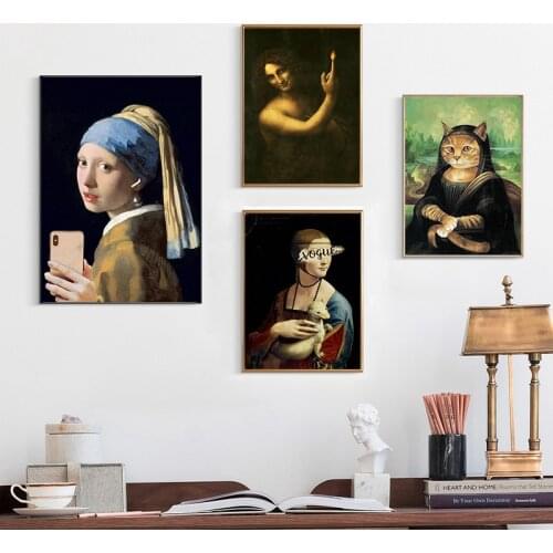 Girl With Pearl Earring Selfie By Phone Mona Lisa Cat Art Canvas Print Painting Funny Famous Wall Picture Home Decoration Poster