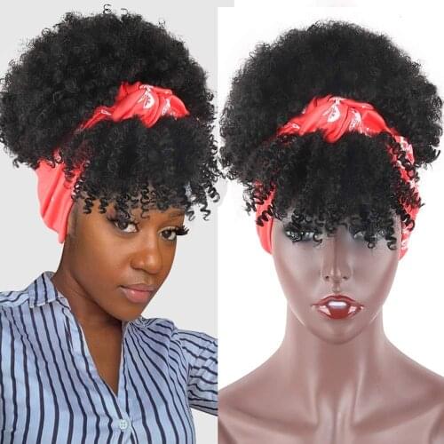 Deyngs Short Kinky Curly Wigs for Women Synthetic Black Wig with Bangs Headband Wig Wrap wigs 2 in 1 Drawstring Afro Curly Wigs