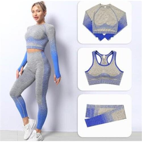 Yoga suit for women seamless knit gradient top trousers bra sport sweat absorption quick dry three-piece fitness set