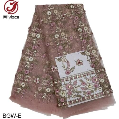 Milylace popular design pink lace fabric beaded african bridal wedding dress lace fabric 5 yards per lot mesh tulle lace BGW-E