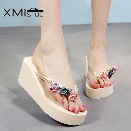XMISTUO Fashion Women Flip Flops Female Summer Beach Wedges Slides Water-Resistant 7CM High-Heeled Slippers 2 Color 7191
