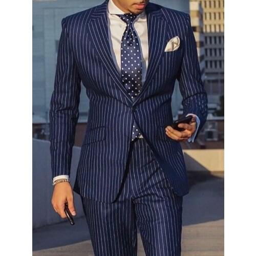 ANNIEBRITNEY Navy Blue 2 Piece Slim Fit Business Men Suit Stripe Groom Wedding Tuxedo Custom Skinny Prom Wedding Business Suit