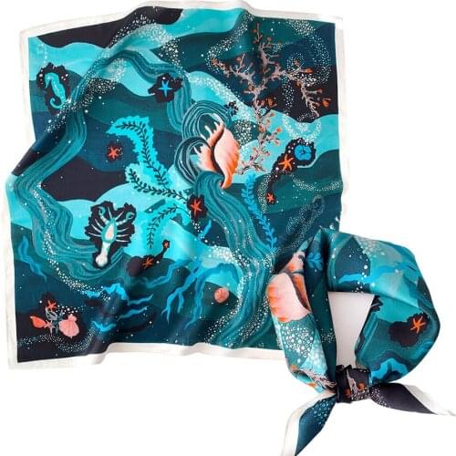 OMEA Blue Ocean 100% Silk Scarf Small Square Scarf Women 53cm Handkerchief Spring Hijab Scarf Fashion Luxury Bandana Hair Scarf
