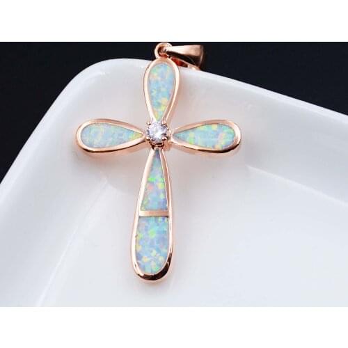 Rose Gold Plated Christian Religion Cross White Fire Opal Pendant Necklace
