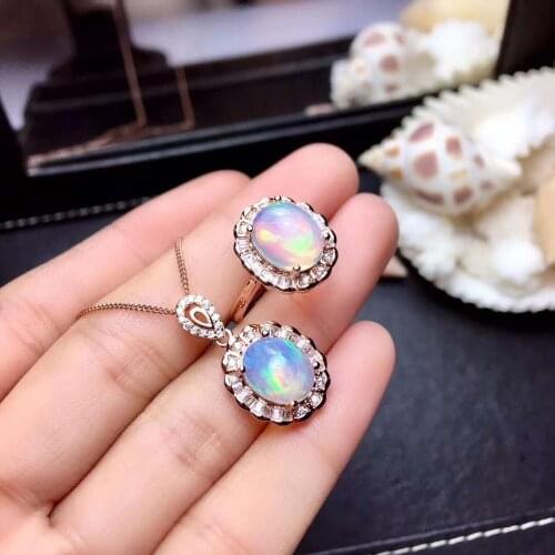 Natural opal jewelry set Free shipping Natural real opal 925 sterling silver 1pc ring ,1pc pendant