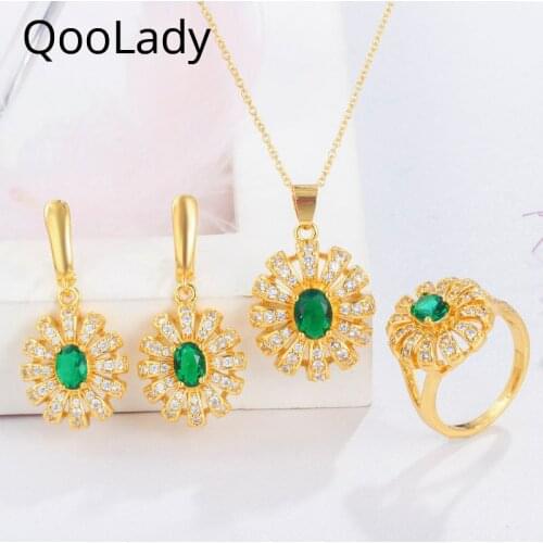 QooLady 585 Gold 3 pcs Daisy Sunflower Design Green CZ Stone Elegant Women Party Earring Pendant Necklace Ring Jewelry Sets S073