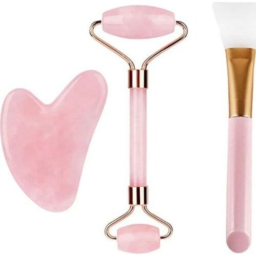 Rose Quartz Roller Gouache Scraper For Face Silicone Facial Mask Brush Jade Guasha Facial Neck Anti-Cellulite Massager Skin Care