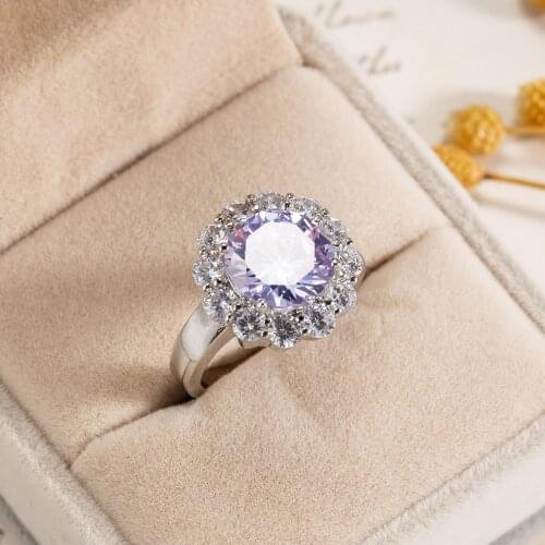 Luxury Female Big Purple Zircon Stone Ring Silver Color Flower Ring Promise Wedding Bands Love Rings For Women Gift
