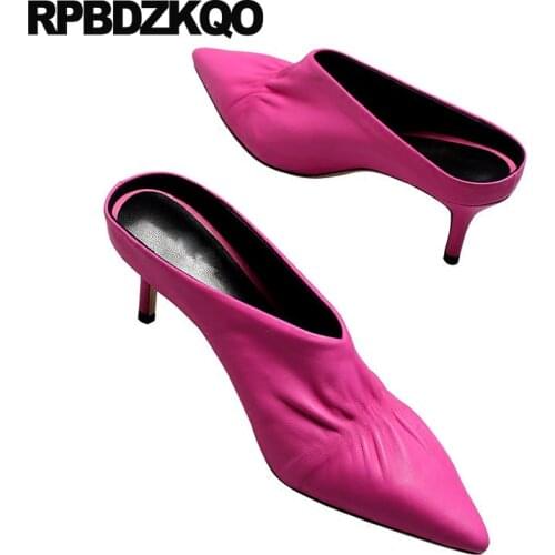 Black Closed Toe High Heels Mules Slipper Shoes Peach Thin Women Medium Pointed Genuine Leather Yellow Italian Sandals Pumps