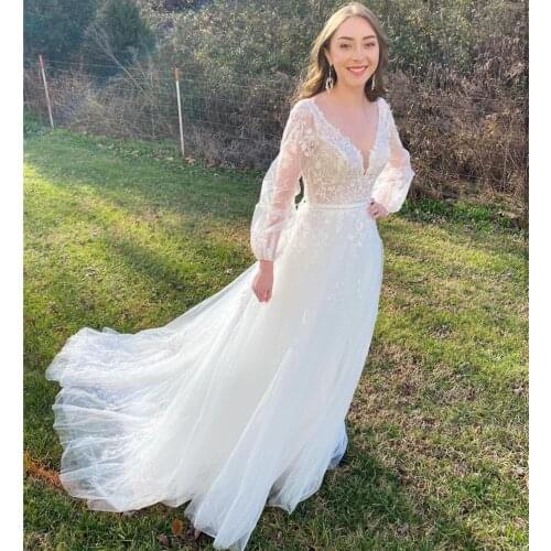 Wedding Dress A-Line V-Neck Lantern Sleeve Lace Appliques Sequined Backless Tulle Floor Length Sweep Train Bride Gown New