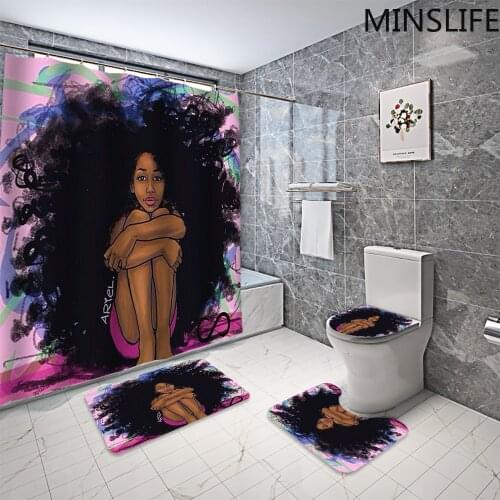 Beautiful Lonely African Girl Durable Fabric Shower Curtain Bathroom Set Afro Women Non-slip Rug Carpet Toilet Seat Cover Sets