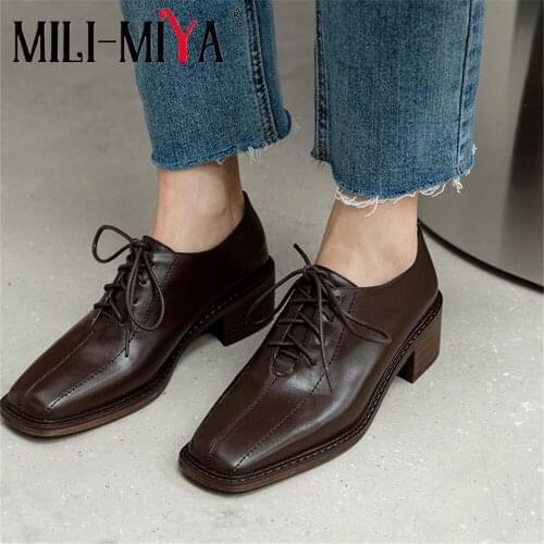 MILI-MIYA New Arrival Women Full Genuine Leather Lace Up Pumps Square Toe Thick Heels Office Career Shoes Handmade For Ladies
