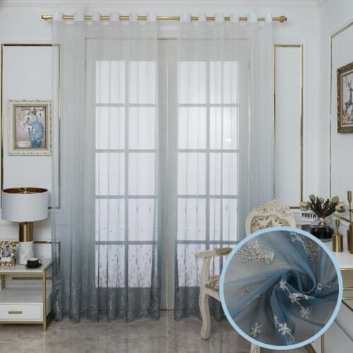 Gray Blue Embroidered Tulle Curtains for Living Room Bedroom Eyelet Window Curtain Drapes Sheer Princess Room Customize