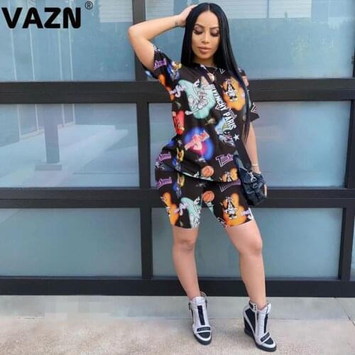 VAZN Casual sweet 2020 summer sexy lady 2 colors print 2-piece short set short sleeve O-neck tees knee-length pants popular sets