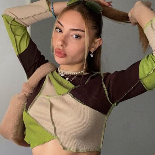 Long Sleeve O-Neck Patchwork Ribbed Irregular Tshirt Women Fashion Streetwear Casual Crop Top 2021 Autumn Spring Y2K Clothings