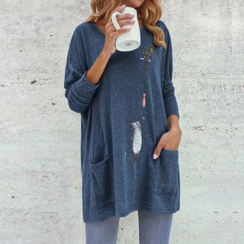 2021 Spring Women Lovely Pocket Cat Printing Long Sleeve T shirts O-Neck Casual Button Tshirt Streetwear Tees Femme 5XL