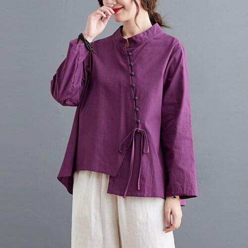 Oversized Women Cotton Linen Casual Shirts New 2021 Spring Simple Style Vintage Stand Collar Loose Female Long Sleeve Tops S3494