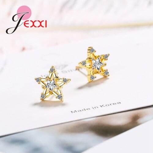 Sweet Women Girl Jewelry Solid 925 Sterling Silver Stud Earrings Attractive Clear CZ Crystal Star Wedding Bijoux Gifts FAST Ship