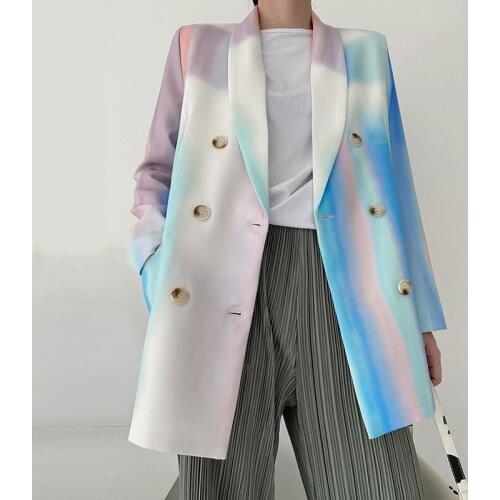 Women Fashion Double Breasted Tie-dye Print Blazer Coat Vintage Long Sleeve Pockets Female Outerwear Chic Tops Suit Blazer