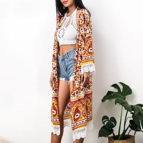 Enthic Floral Print Lace Splice Long Kimono Loose Cardigan Summer Coat Casual Beachwear Holiday 2021 Dropshipping Beach Blouses