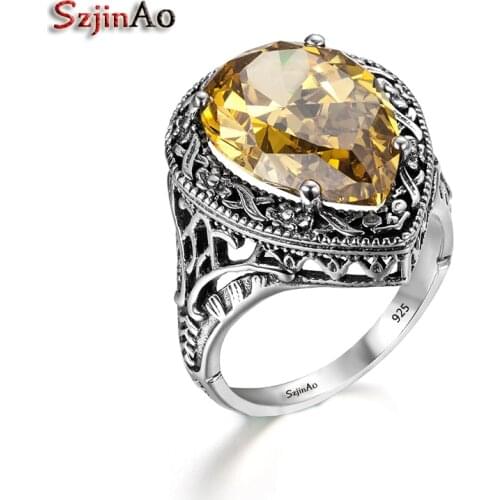 Szjinao 925 Sterling Silver Women Carter Love Ring Heart Shape Yellow Crystal Clamor Victoria Style Ancient Jewelry Wedding Band