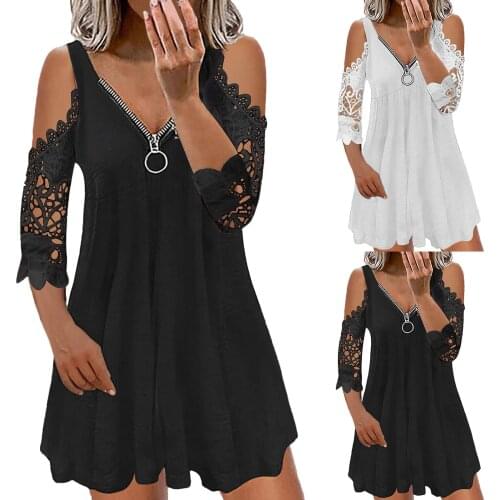 Fashion Summer Lace Dress Women Casual Lace V-neck Short Sleeve Strap Open Back Sexy Zipper Dress Female Bohemian Mini Dress
