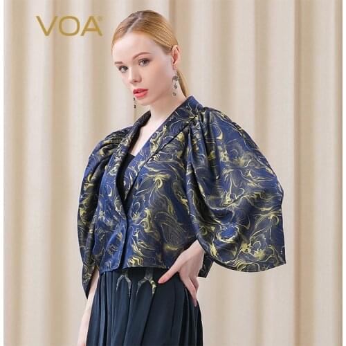 VOA Yarn Dyed Jacquard Womens Silk Jackets Spring 2021 WE83 Shawl Collar Three Quarter Puff Sleeve Covered Button Women Coat