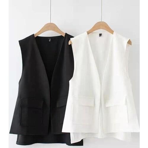 Office Lady Vest 2021 Spring Summer Brief Front Pockets Sleeveless Deep V Veck Waistcoat Women Side Split Button Tops White