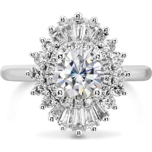 1.00 carat 6.5mm Round Brilliant Cut Moissanite Engagement Ring Setting with Baguette Stone Halo Solid 14k White Gold