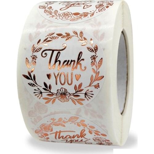 1.5 Inch Floral Thank You Stickers 500Pcs Gold Foil White Paper Sticker for Business Packaging, Wedding, Party Favors, Envelopes