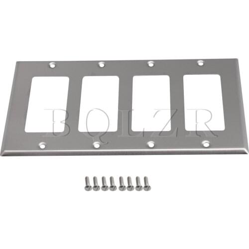 BQLZR Stainless Steel Silver 4-Gang Switch Wall Plate Socket Outlet Cover with 8 Mount Screws