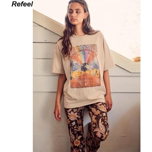 Spring summer baggy tee fashion ribbed collar for texture screen printed oversized fit cotton tshirt for women